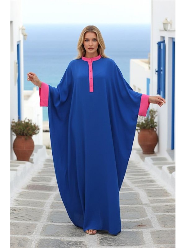 Saks Mavi Sırtı Otantik Nakışlı Yarasa Kol Oversize Uzun Elbise Saks Mavi