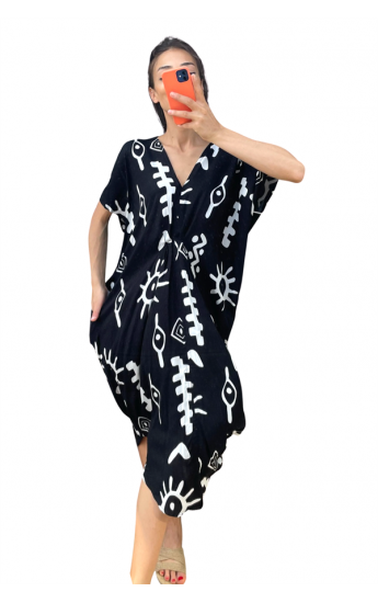 Siyah Balık Desenli V Yaka Tasarım Cepli Elbise Siyah&hellip;