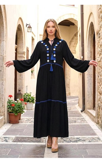 Siyah Balon Kollu Önü Nakışlı Püsküllü Eteği Kat Kat Uzun Elbise &hellip;