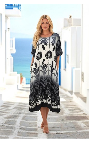 Siyah Çiçekli Kayık Yaka Cepli Etekleri Fırıfırlı Midi Elbise S&hellip;