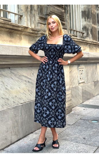 Siyah Desenli Karpuz Kol Gipeli Uzun Elbise Siyah&hellip;