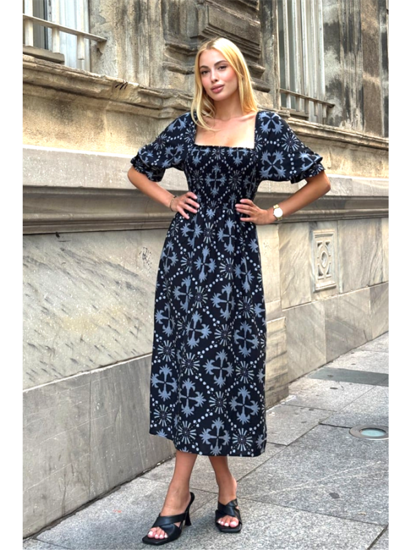 Siyah Desenli Karpuz Kol Gipeli Uzun Elbise Siyah