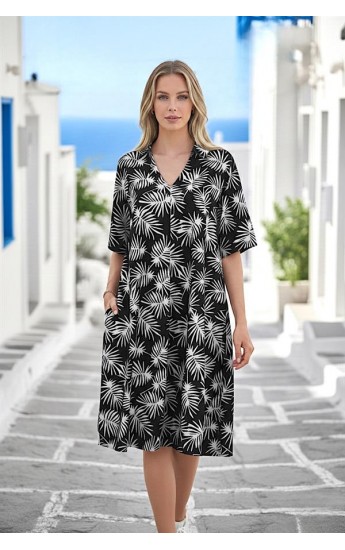 Siyah Desenli Gömlek Yaka Cepli Kısa Elbise Siyah&hellip;