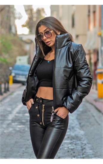 Siyah Dik Yaka Kısa Deri Şişme Mont Siyah&hellip;