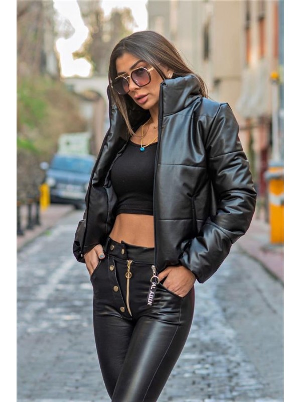 Siyah Dik Yaka Kısa Deri Şişme Mont Siyah