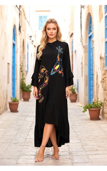 Siyah Dik Yaka Kol Ve Etek Ucu Fırfırlı Cepli Nakışlı Oversize Uzun &hellip;