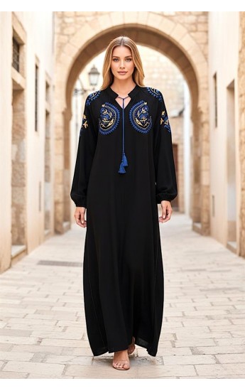 Siyah Göğsü Ve Kolları Nakışlı Püsküllü Balon Kol Uzun Elbise Si&hellip;