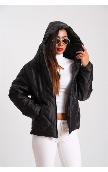 Siyah Kapüşonlu Baklava Desen Şişme Mont Siyah&hellip;