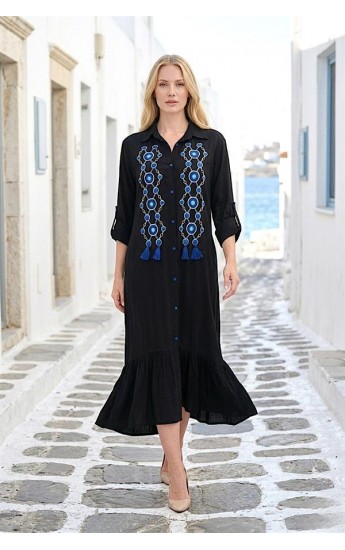 Siyah Önü Nazar Boncuğu Nakışlı Püsküllü Kolu Apoletli Eteği Fı&hellip;