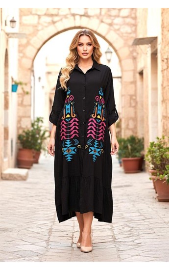 Siyah Otantik Nakışlı Kolu Apoletli Eteği Fırfırlı Uzun Gömlek Elb&hellip;