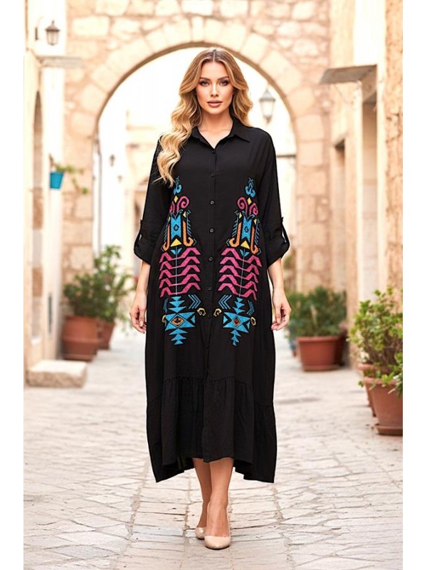 Siyah Otantik Nakışlı Kolu Apoletli Eteği Fırfırlı Uzun Gömlek Elbise Siyah