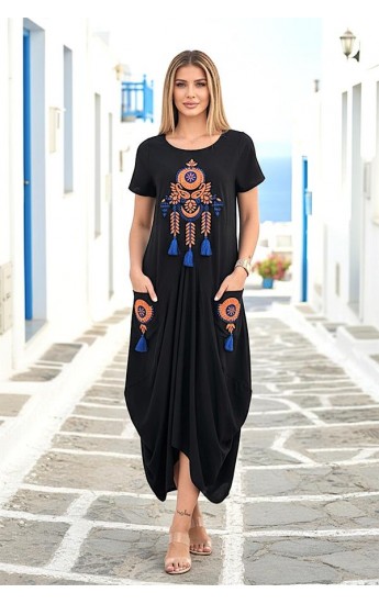 Siyah Sıfır Yaka Ottoman Nakışlı Püsküllü Cepli Asimetrik Uzun Elb&hellip;