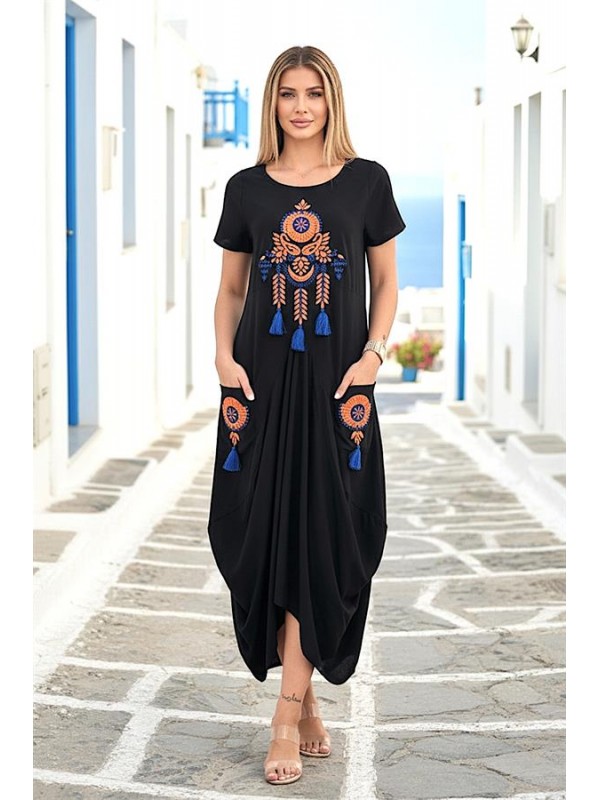 Siyah Sıfır Yaka Ottoman Nakışlı Püsküllü Cepli Asimetrik Uzun Elbise Siyah