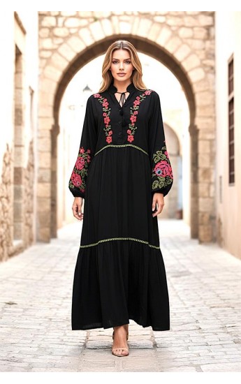 Siyah V Yaka Balon Kollu Çiçek Nakışlı Uzun Elbise Siyah&hellip;