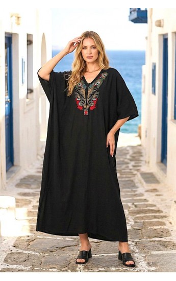 Siyah V Yaka Göğsü Nakışlı Cepli Oversize Uzun Elbise Siyah&hellip;