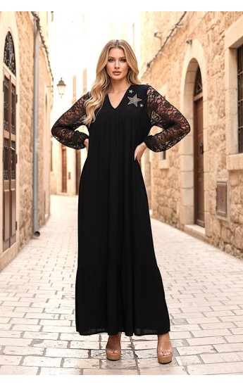 Siyah V Yaka Kolları Dantel Yakası Aplike Nakışlı Uzun Elbise Siyah&hellip;