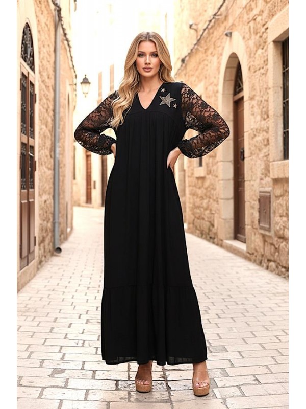 Siyah V Yaka Kolları Dantel Yakası Aplike Nakışlı Uzun Elbise Siyah