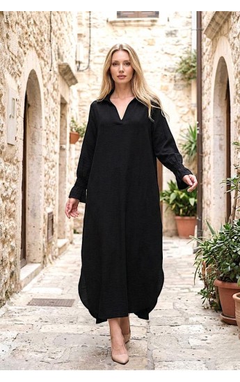Siyah V Yaka Kolları Fırfırlı Cepli Uzun Elbise Siyah&hellip;