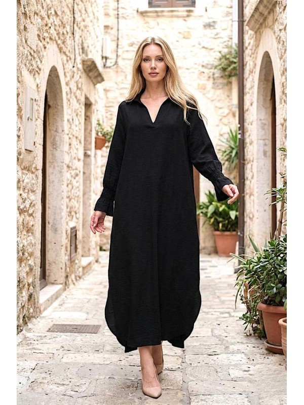Siyah V Yaka Kolları Fırfırlı Cepli Uzun Elbise Siyah