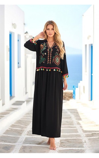 Siyah V Yaka Önü Ve Kolları Otantik Nakışlı Püsküllü Uzun Elbise &hellip;