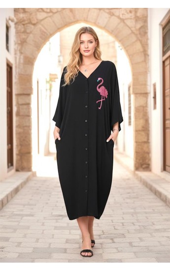 Siyah V Yaka Önü Ve Sırtı Flamingo Nakışlı Cepli Oversize Uzun Göm&hellip;