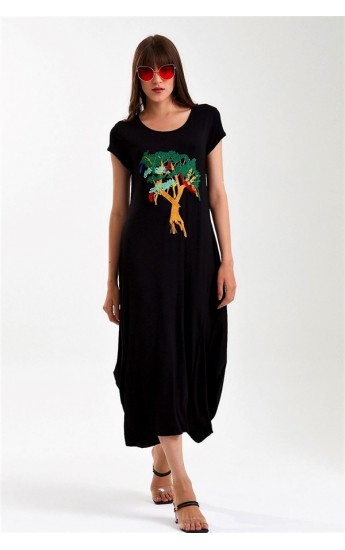 Siyah Yuvarlak Yaka Kısa Kollu Ağaç Nakışlı Püsküllü Uzun Elbise &hellip;