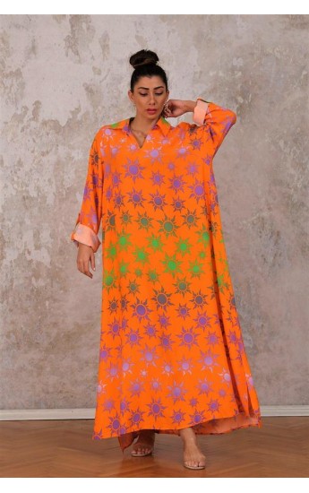 Turuncu Güneş Desenli Gömlek Yaka Kolu Ayarlanabilir Oversize Uzun Elbi&hellip;