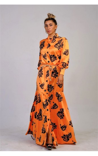 Turuncu Hakim Yaka Çiçekli Etekleri Volanlı Saten Uzun Elbise Turuncu&hellip;