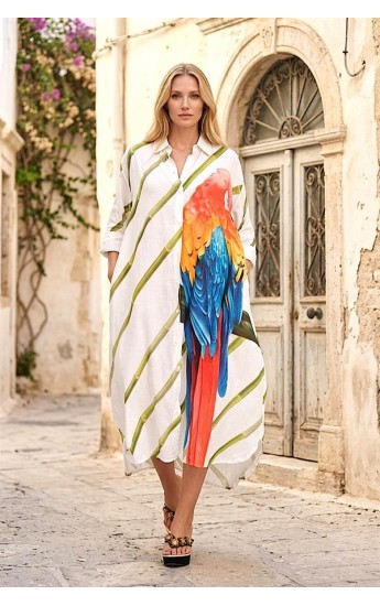 Yeşil Çizgili Papağan Desenli Kolları Apoletli Cepli Uzun Gömlek Elbi&hellip;