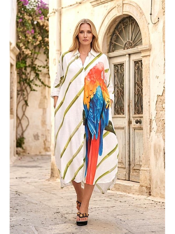 Yeşil Çizgili Papağan Desenli Kolları Apoletli Cepli Uzun Gömlek Elbise Yeşil