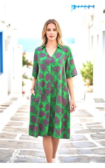 Yeşil Desenli Gömlek Yaka Cepli Kısa Elbise Yeşil&hellip;