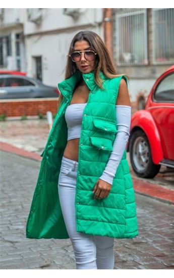 Yeşil Dik Yaka Cep Detaylı Uzun Şişme Yelek Yeşil&hellip;