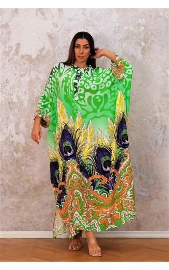 Yeşil Dik Yaka Desenli Yarasa Kol Oversize Uzun Elbise Yeşil&hellip;