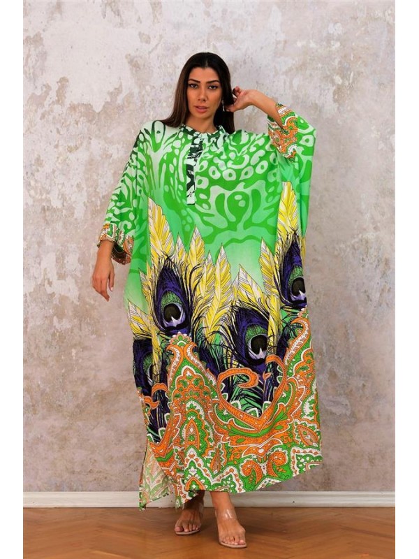Yeşil Dik Yaka Desenli Yarasa Kol Oversize Uzun Elbise Yeşil
