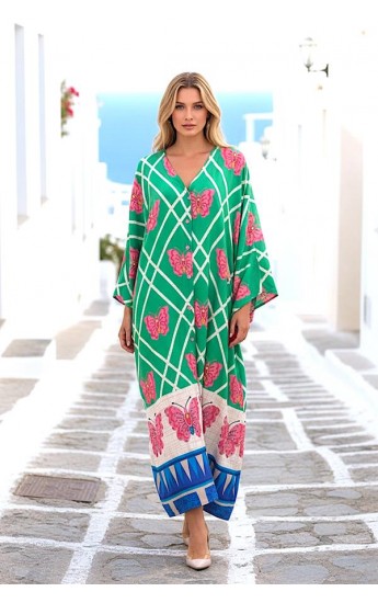 Yeşil Kelebek Desenli V Yaka Yarasa Kol Cepli Oversize Uzun Gömlek Elbis&hellip;