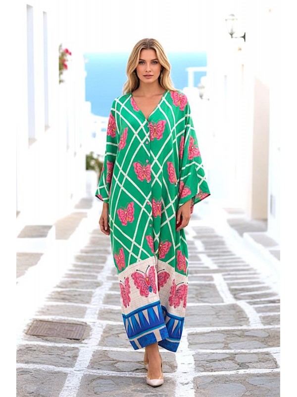 Yeşil Kelebek Desenli V Yaka Yarasa Kol Cepli Oversize Uzun Gömlek Elbise Yeşil
