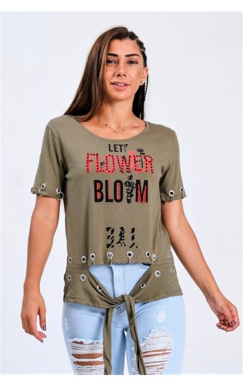 Yeşil Kuş Gözü Detaylı Önden Bağlamalı Yazılı Taşlı T-Shirt Ye&hellip;