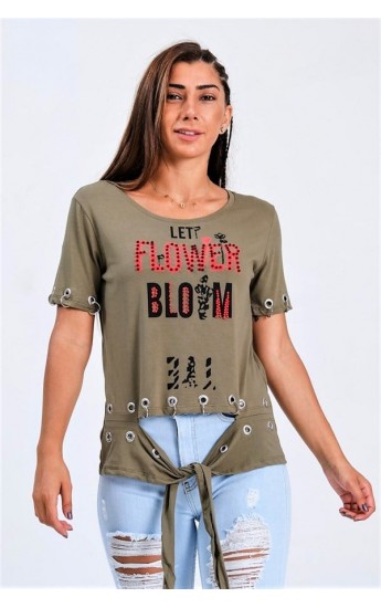 Yeşil Kuş Gözü Detaylı Önden Bağlamalı Yazılı Taşlı T-Shirt Ye&hellip;