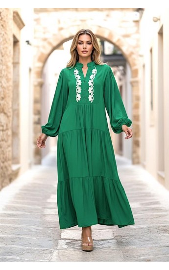 Yeşil Önü Nakışlı Balon Kol Eteği Kat Kat Uzun Elbise Yeşil&hellip;