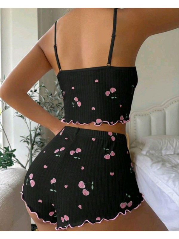 Kadın Siyah Kiraz Desenli Seksi Gecelik Takım 9003 SİYAH