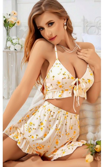 Kadın Çiçekli Ekru Askılı Şortlu Pijama Takım 5017 L/XL… Kadın Çiçekli Ekru Askılı Şortlu Pijama Takım 5017 L/XL…