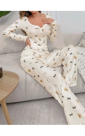 Kadın Ekru Ayıcık ve Fiyonk Desenli Yumuşak Pamuklu Uzun Pijama Takım&hellip;