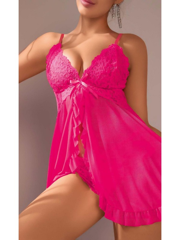 Kadın Fuşya Fantezi Gecelik Tül Önü Açık Fırfırlı Fiyok detaylı 2113 S/M