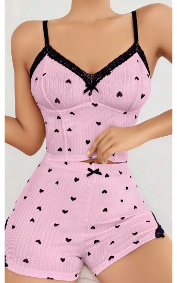 Kadın Pembe Kalp Desenli Askılı Şortlu Pijama Takım 5013 Pembe… Kadın Pembe Kalp Desenli Askılı Şortlu Pijama Takım 5013 Pembe…