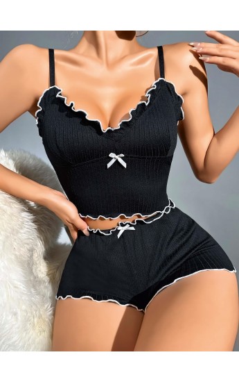 Kadın Siyah Fitilli Askılı Şortlu Pijama Takım 5042 SİYAH… Kadın Siyah Fitilli Askılı Şortlu Pijama Takım 5042 SİYAH…