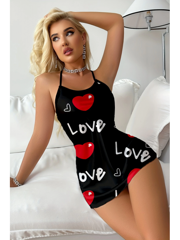 Aşk Temalı Kalp Desenli Siyah Saten Gecelik