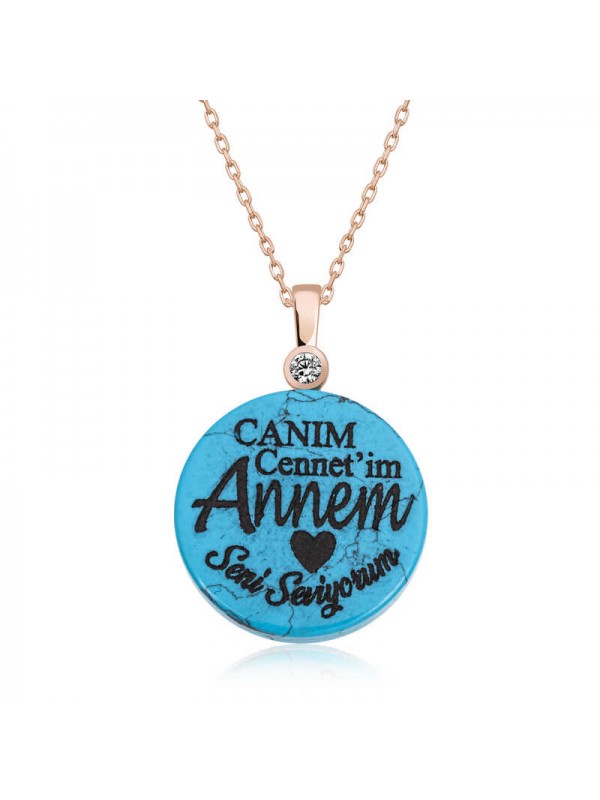 925 Ayar ​Gümüş Turkuaz Taşlı Annem Yazılı Kadın Gümüş Kolye T6716 (1152)