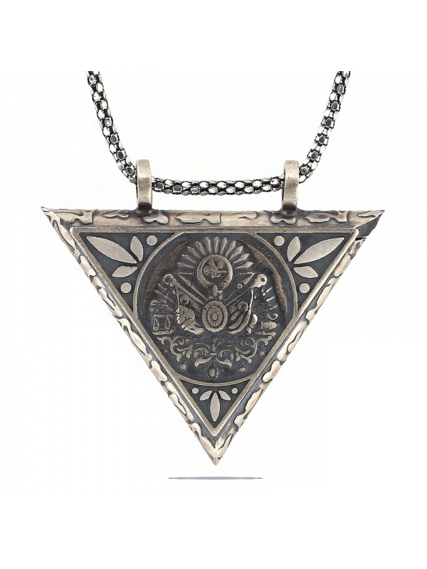 925 Ayar Gümüş Üçgen İçi Açılabilen Osmanlı Arma Muskalık Gümüş Kolye T6060 (1152)