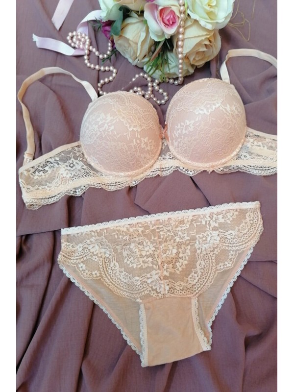 Kadın Somon Rengi Dolgulu Dantel Sütyen Ve Külot Takım