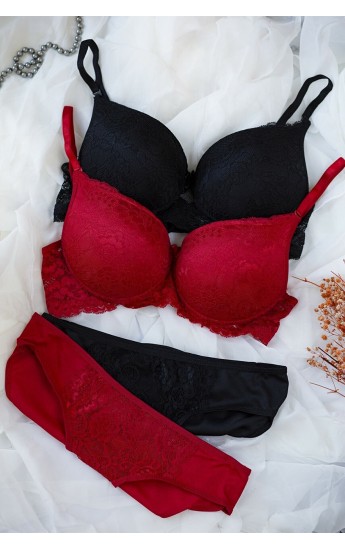 Kadın Siyah Ve Kırmızı Dolgulu Balenli Sütyen Külot 2'li Paket&hellip;